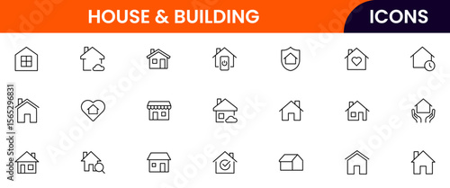 A clean vector icon set featuring home-related symbols like houses, keys, locks, and interiors, rentals, or smart home