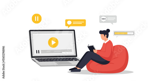 Person relaxes in beanbag chair, studying a book while an online video plays on laptop.