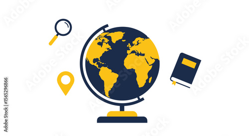 A globe, magnifying glass, location pin, and book symbolize global exploration and learning.