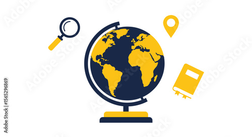 Global exploration: research, discovery, and learning symbolized by a globe, magnifying glass, location pin, and book.