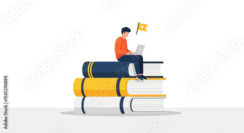 Young man studies diligently on a stack of books, using a laptop, achieving academic success.