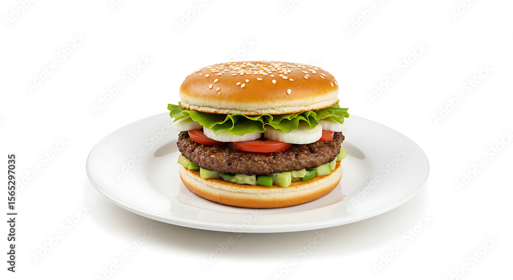 A classic beef hamburger with lettuce, tomato, and onion on a sesame seed bun, served on a white plate and isolated against a clean white background.
A classic beef hamburger with lettuce, tomato, and onion on a sesame seed bun, served on a white plate and isolated against a clean white background.