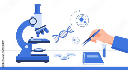 A scientific illustration depicting laboratory equipment and biological elements, exploring cellular structures.