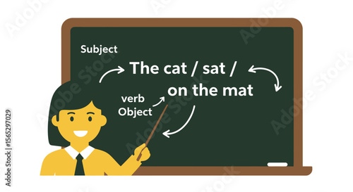 A teacher pointing at a sentence on a chalkboard, explaining grammar.