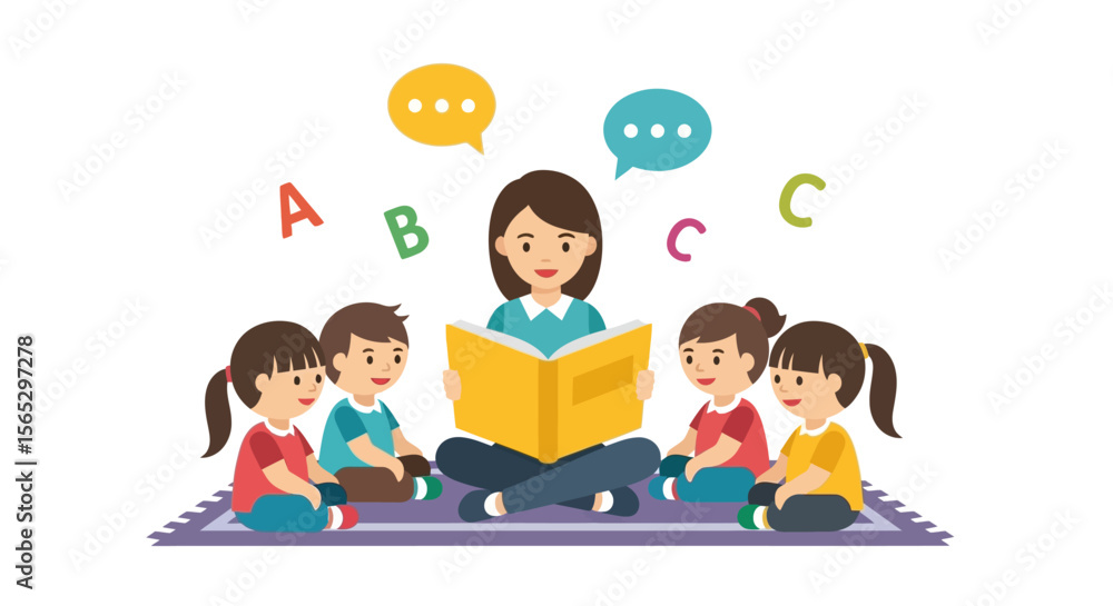 A teacher leads a group of children in a story time session, surrounded by colorful speech bubbles and alphabet letters. A teacher leads a group of children in a story time session, surrounded by colorful speech bubbles and alphabet letters.