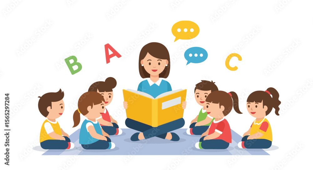 A teacher reads a book to a group of attentive preschool children in a circle. A teacher reads a book to a group of attentive preschool children in a circle.