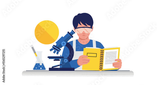 Student wearing safety goggles reading a notebook next to a microscope and laboratory glassware.