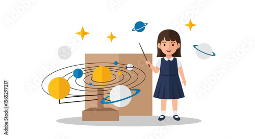 Young girl presenting a science project about the solar system, using a pointer to explain the planets.