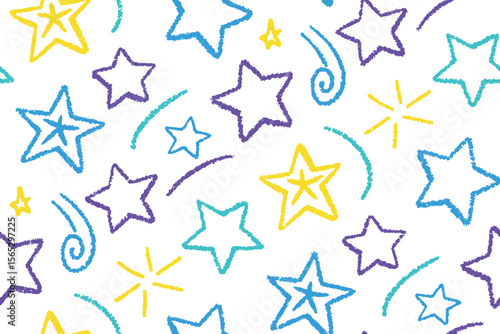 Whimsical hand drawn star and cloud pattern in pastel colors