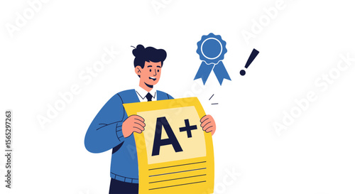 A cartoon boy holding an A+ report card, celebrating a good grade.