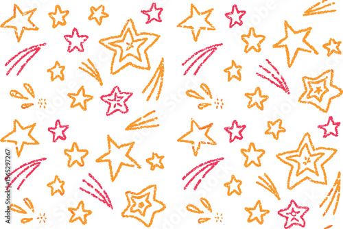 Hand drawn star pattern with shooting stars in pink and orange colors