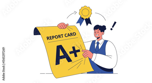 A person proudly displays an A+ report card, signifying academic achievement.