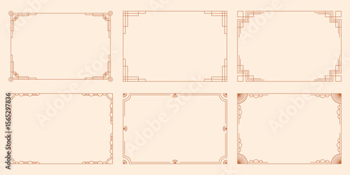 Art deco frames. Elegant line borders, luxury gold rectangular decorative labels for wedding invitation card, simple modern geometric antique vintage frame elements. Vector set