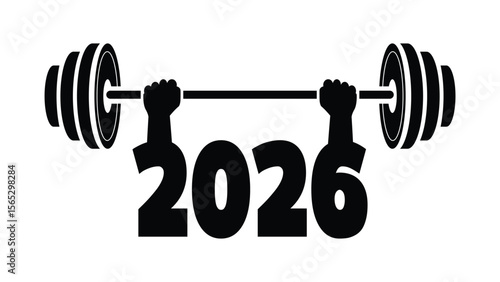 Minimalist black-and-white graphic of two silhouetted arms lifting a barbell with "2026" integrated. Centered, bold design ideal for new year fitness resolution, sports, or New Year-themed visuals.