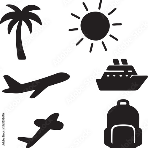 Vacation Travel Icons Sun, Palm Tree, Cruise Ship, Airplane, Backpack
