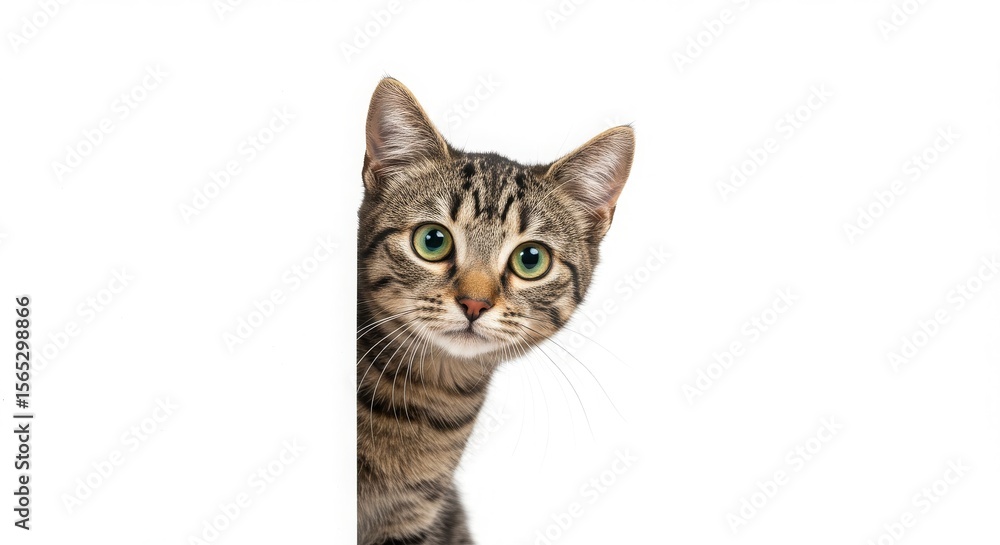 Obraz premium Adorable Tabby Cat Peeking from Behind a White Background A Captivating Portrait of Feline Charm