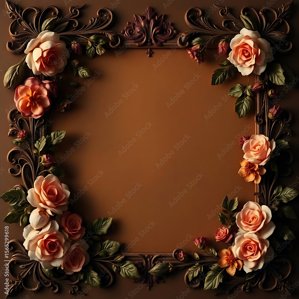 An ornate square frame with roses and floral details creates a vintage and decorative border on a brown background An ornate square frame with roses and floral details creates a vintage and decorative border on a brown background