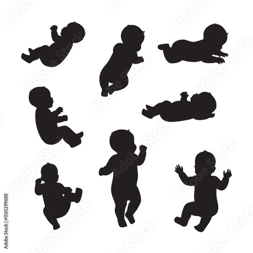 Collection of baby poses in black silhouette isolated on white background silhouette