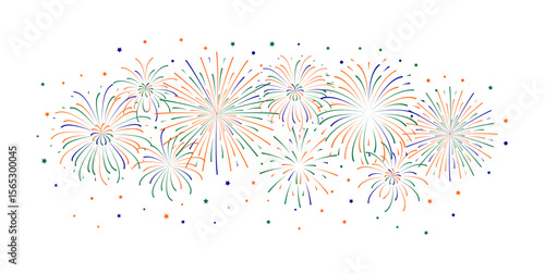 Happy India Independence Republic day Fireworks. Festival holiday green blue orange firecracker for banner poster flyer. Tricolor confetti, explosion, sparkle decorative elements. Vector design.