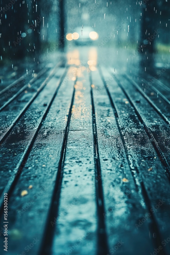 Obraz premium Wet planks show rainfall, leading to blurred light of car headlights