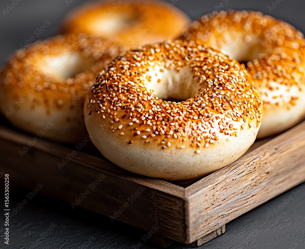 A close-up of freshly baked bagels topped with sesame seeds, arranged neatly in a wooden tray A close-up of freshly baked bagels topped with sesame seeds, arranged neatly in a wooden tray