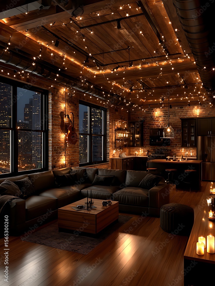 Fototapeta premium Modern loft living room at night