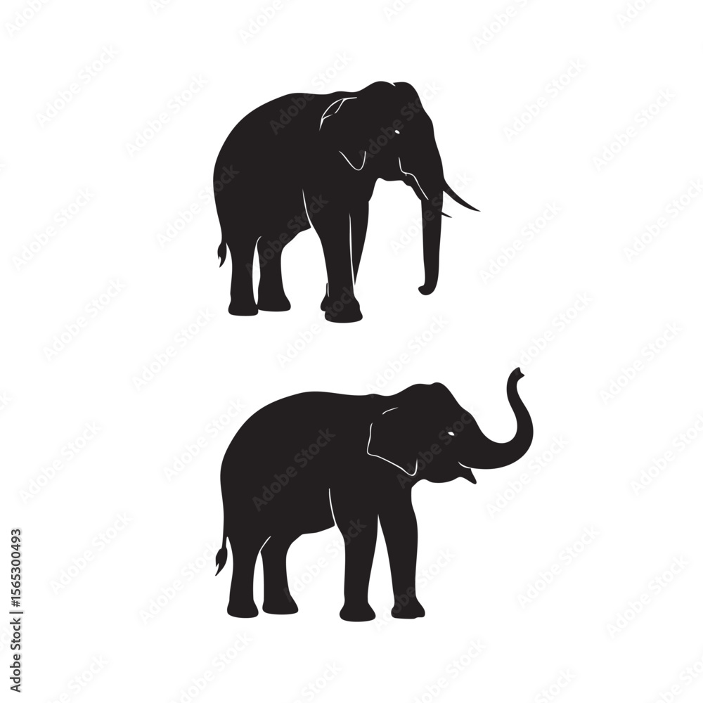 Fototapeta premium Two black elephant silhouettes standing isolated on white background
