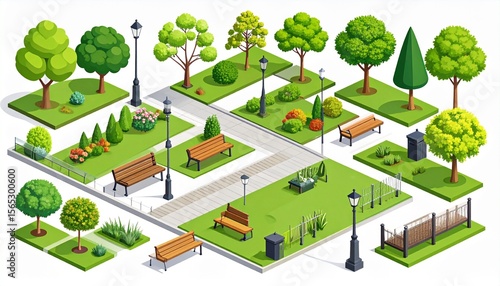 Modern park isometric elements constructor mega set. Creator kit with flat graphic street lanterns, trees and bushes, fences, benches, trash bins, paths. Vector illustration in 3D isometry design.