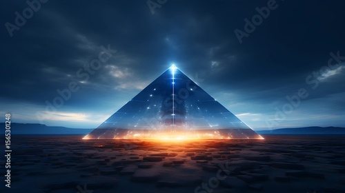 An illuminated, glowing pyramid stands in a surreal landscape beneath a dramatic, cloudy sky. Futuristic and atmospheric.