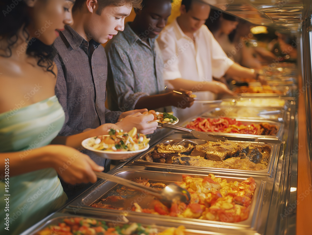 Obraz premium Buffet Restaurant Dining: Diverse Cuisine and Healthy Eating in a Social Gathering Setting