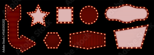 Light sign. Circus, casino or movie 3D bulb frame. Retro red neon box for theater banner. Cinema text board. Stage lighting. Night club billboard border. Vector empty signboards set