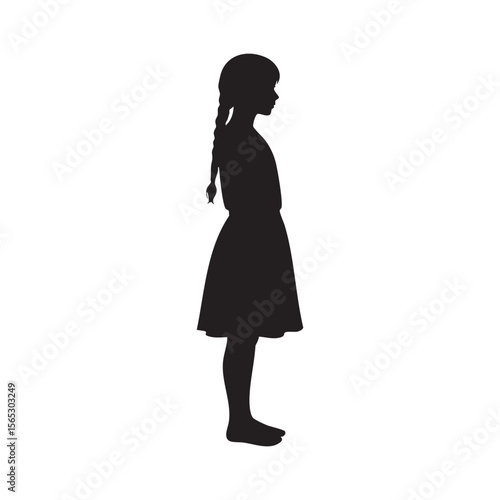 Young girl with braided hair in a dress standing profile silhouette isolated on white background