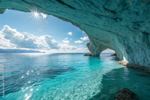 Turquoise blue ocean, sea cave water reflection. Blue cave lagoon,malta root cellar cave rock arch beautiful tourism view. Blue Caves of Zakynthos, Greece. Islas griegas, Blue Grotto, blue lagoon  
