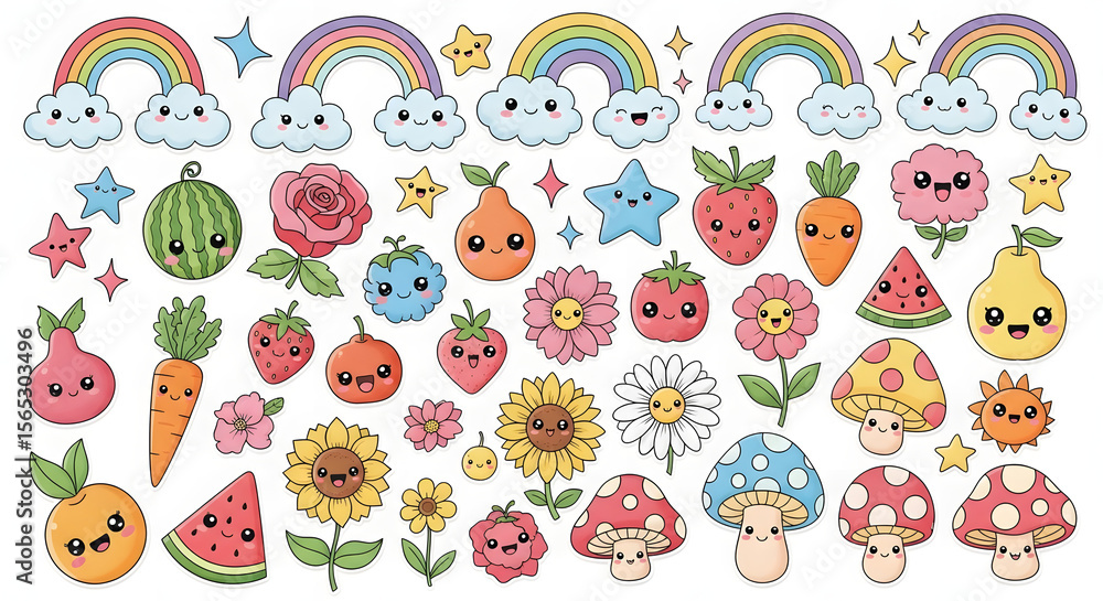 Fototapeta premium Kawaii Fruits, Flowers & Rainbow Stickers