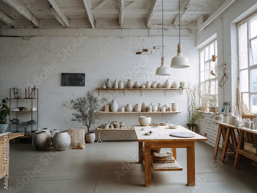 Minimalist Interior Pottery Studio: Modern Ceramics Workspace with Natural Light and Clean Decor