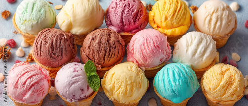 Colorful assortment of ice cream scoops in various flavors displayed on a light surface. food background banner flyer, copy space, dessert with ice cream