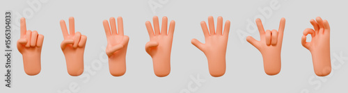 3D hands. Finger up. Number or character arm count. 1, 2, 3, 4, 5 index pointer. One, two, three steps. Forefinger show. Human palm. Nonverbal communication. Vector render gestures set