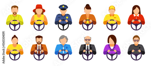 Driver icons. Truck car drive. Woman or man person holding steering wheel. Driver profession. Female chauffeur. Auto race. Characters drive. Courier or policeman traffic. Vector flat set