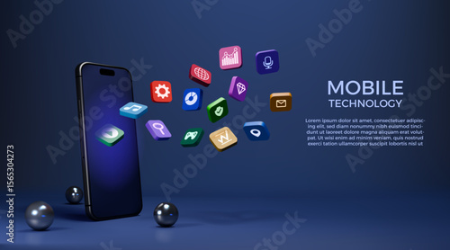 3D app icon. Phone display with application buttons. Social media infographic in multimedia smart technology. Cellphone screen menu symbols. Realistic metal spheres. Vector background