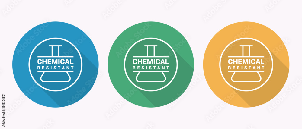 Set of three chemical resistant icons with flask symbol in blue green and yellow circles Set of three chemical resistant icons with flask symbol in blue green and yellow circles