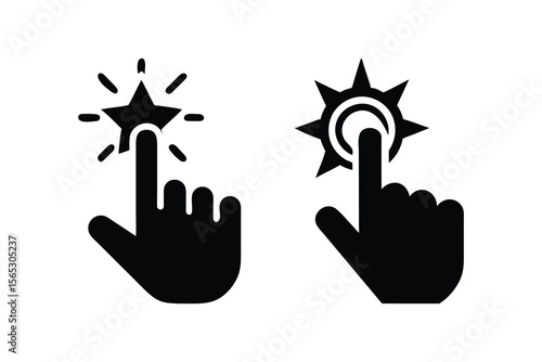 Hand clicking star and sun icons; minimalist, flat design;  positive, bright, user interface, digital interaction, technology, website, app, selection, choice, rating, feedback, approval, success, ach