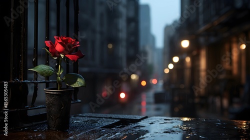 A beautiful red rose in a pot stands on a wet surface with a rainy city street in the background.