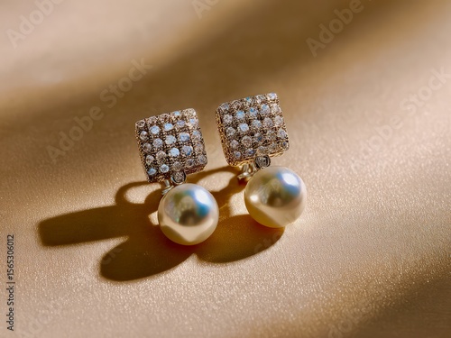 Pearl Earrings with Diamond Accents on Beige Fabric
