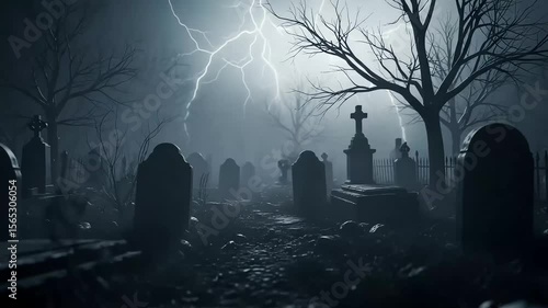 Mysterious tombstones stand silhouetted against a stormy sky as lightning flashes over a haunted graveyard.