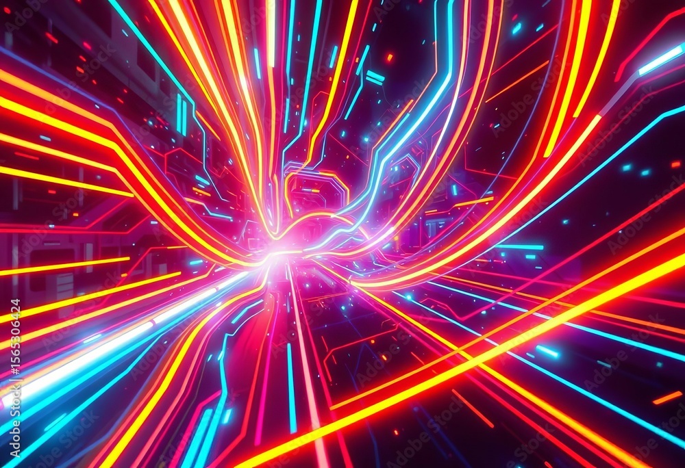 Fototapeta premium Abstract glowing lines, vibrant cyberpunk aesthetic, futuristic technology backdrop, color, particle