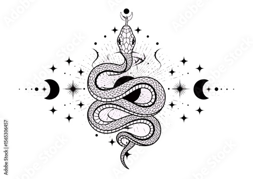 Snake illustration with celestial motifs in black and white