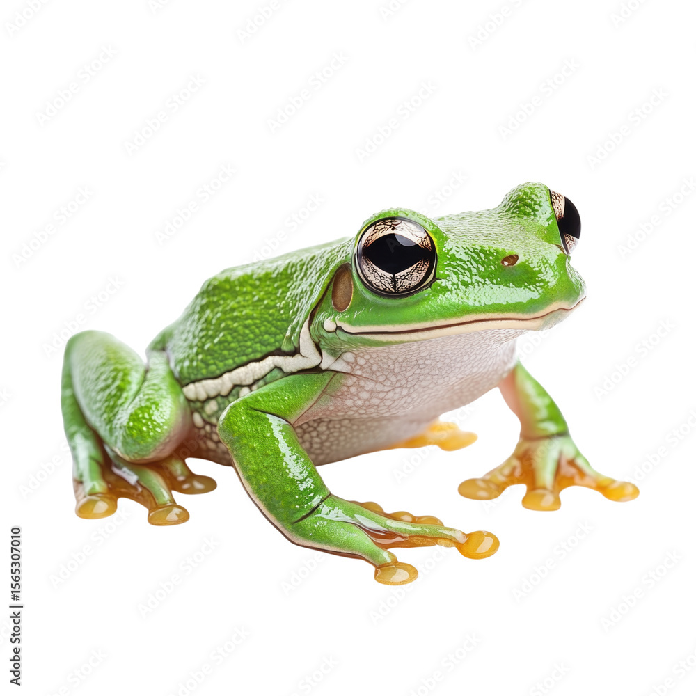 Fototapeta premium Green tree frog resting on a white surface cutout isolated on transparent bg, png
