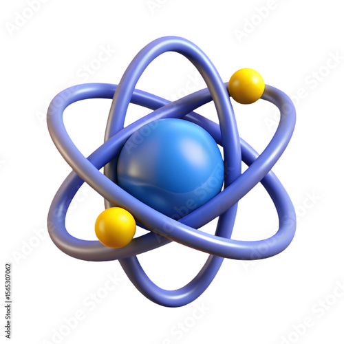 Photo of a 3d model of an atom with a blue nucleus and yellow electrons isolated on transparent background, suitable for educational or scientific purposes