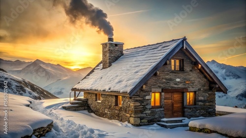 A Cozy Stone Cabin Nestled in a Snowy Mountain Landscape at Sunset, Warm Light Illuminates the Windows, Smoke Rising from the Chimney, Serene Winter Wonderland Scene