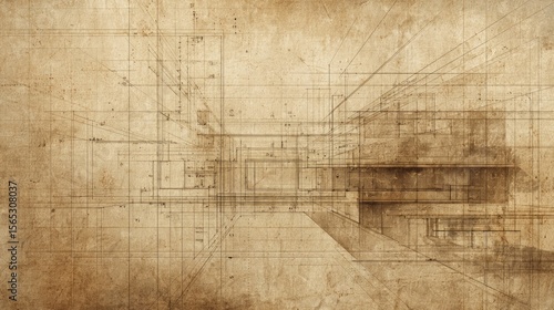 Retro abstract background architecture lines in vintage sepia blueprint style aged paper texture